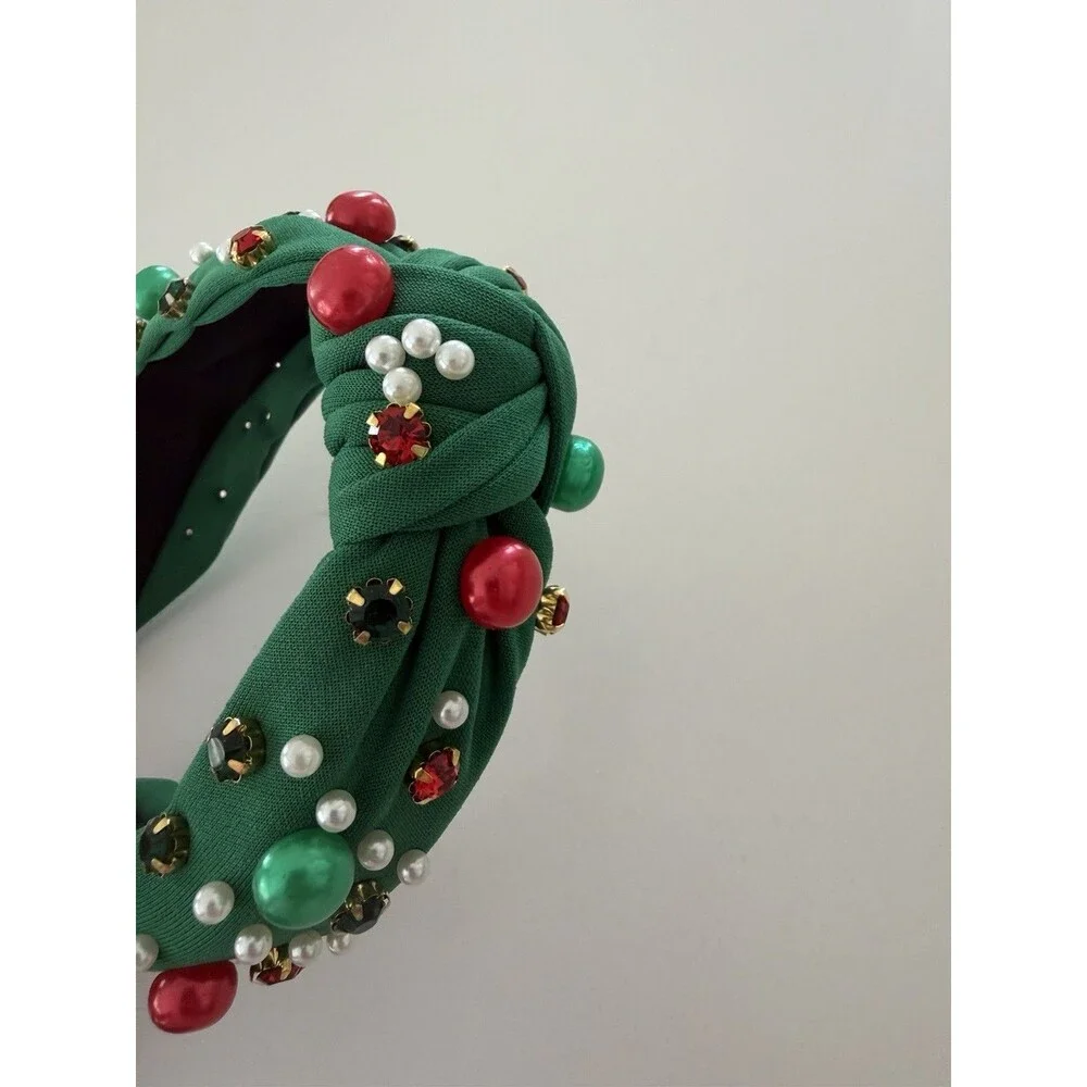 Green Christmas Pearl Rhinestone Non Slip Wide Top Knotted Headband Crystal